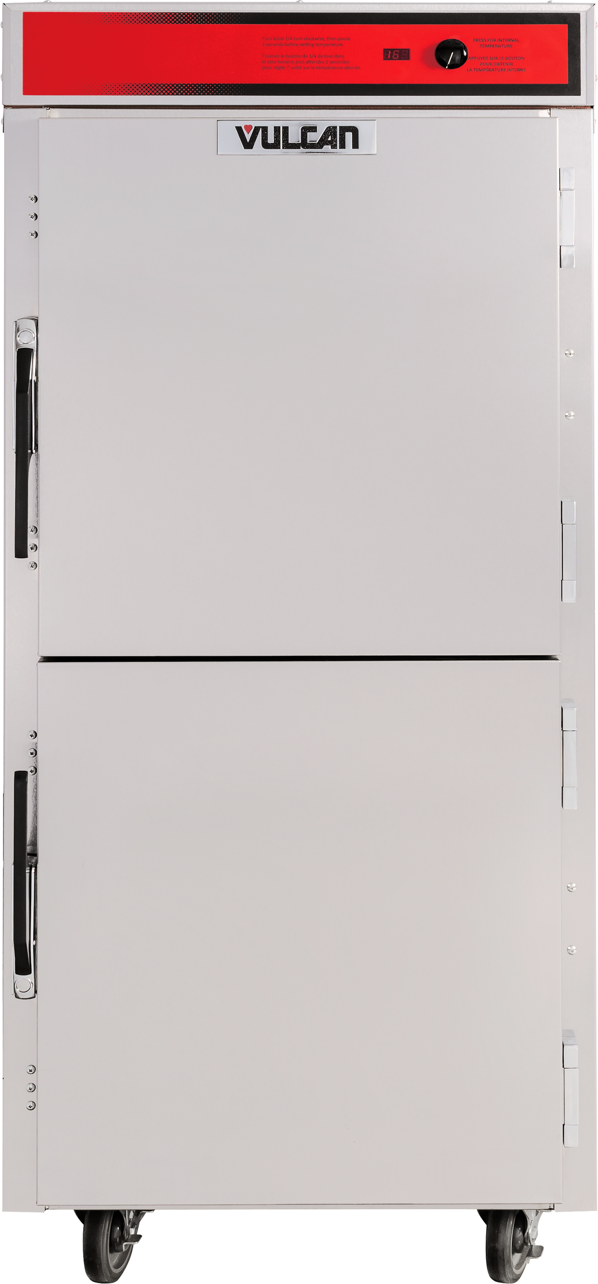 A large holding transport cabinet with two stainless steel doors, black handles, and a red Vulcan control panel at the top. The mobile unit features right-side hinges, wheels for easy movement, and a durable stainless steel interior.