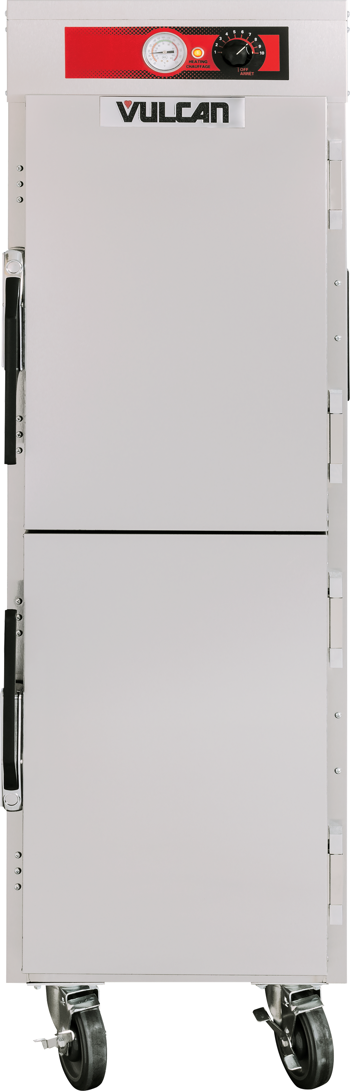A tall, stainless steel mobile holding cabinet with two doors, black handles, control knobs, and a temperature gauge at the top. The unit is on four caster wheels and has a “Vulcan” logo on the front above the doors. Holds steam table pans.