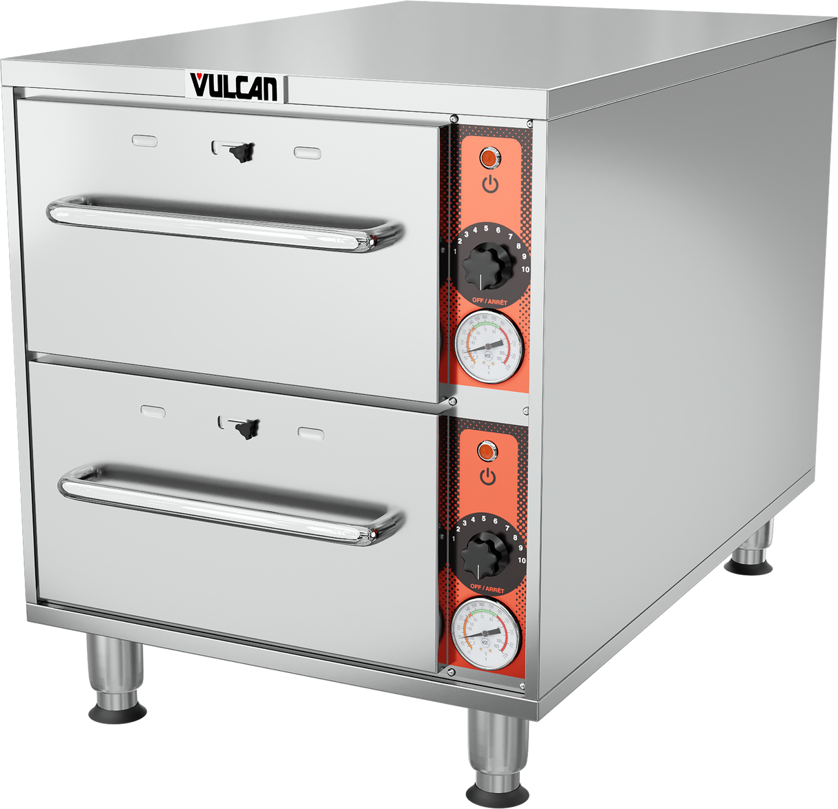 A Slim-Line Warming Drawer in stainless steel, this free standing unit features two pull-out drawers, side control panels with black knobs, temperature dials with orange accents, and a Vulcan logo on top left—all supported by four sturdy metal legs.