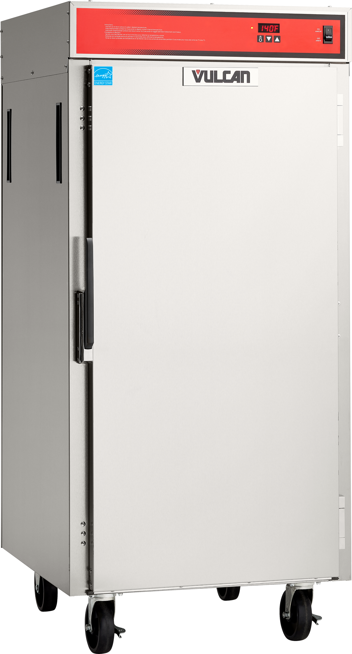 A large stainless steel Vulcan VBP13ES mobile food warmer on four black wheels, with a red control panel at the top, a single door with a left-side handle, and a blue sticker on the upper left corner of the front.