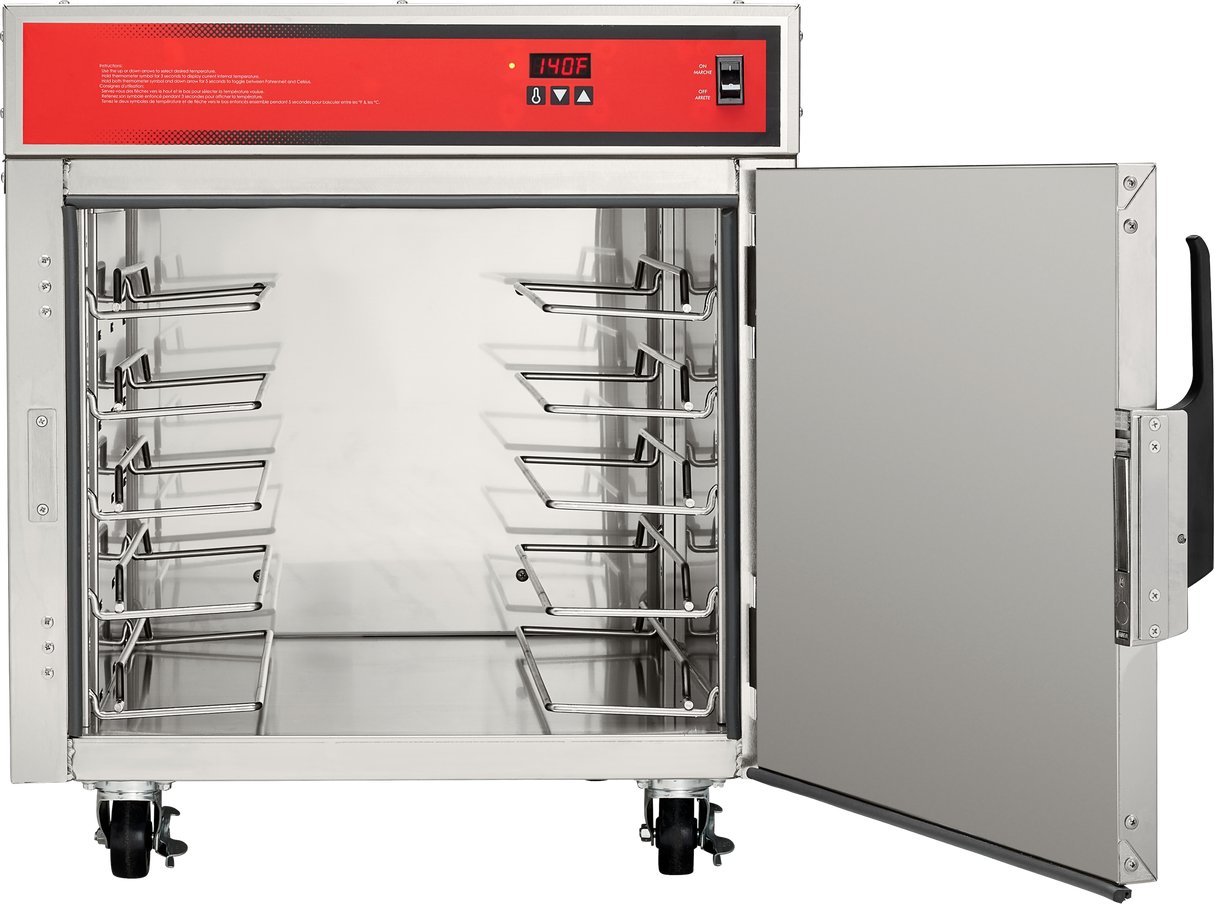 A stainless steel Holding/Transport Cabinet on wheels features an open door revealing multiple metal shelves for trays. The control panel at the top displays 140°F, complete with digital controls and indicator lights.