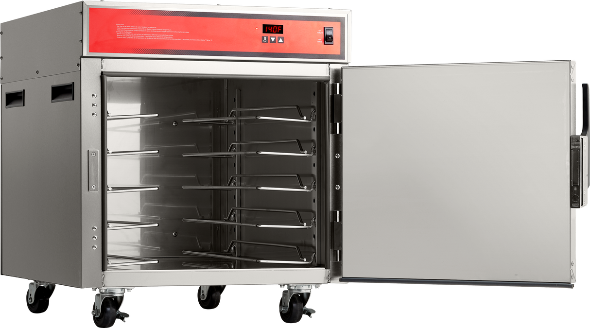 A large stainless steel Holding/Transport Cabinet on wheels features a red digital control panel, an open door, and multiple rack slots for trays. The digital display reads “140°F.” This mobile undercounter cabinet sits against a white background.