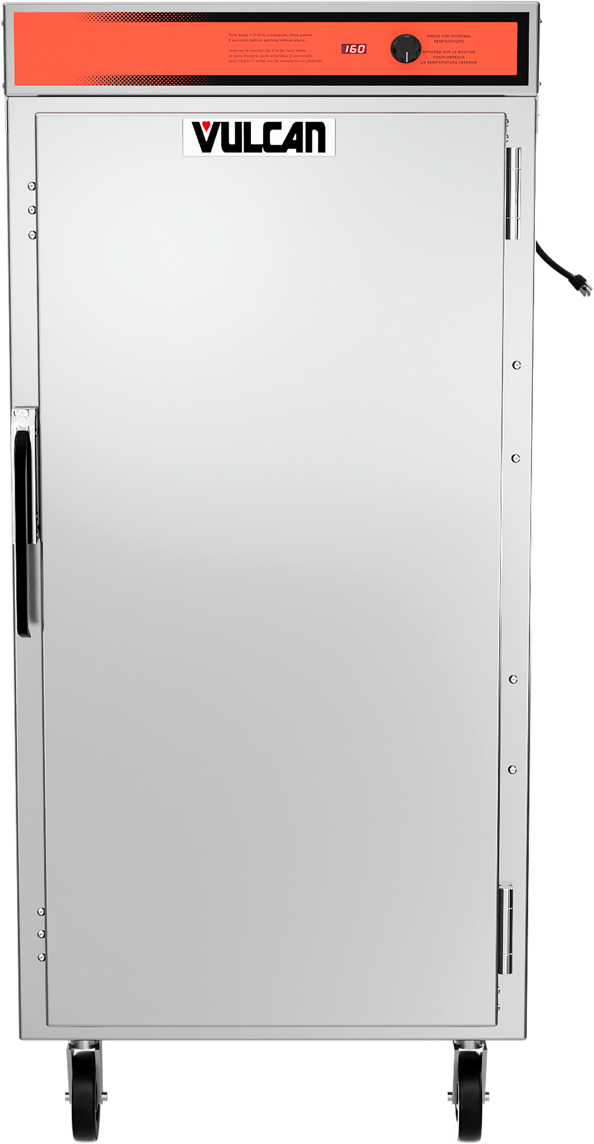 A large, stainless steel mobile pass-thru cabinet on wheels. The front door has a “Vulcan” logo, a black handle, and a control panel with an orange background at the top. Universal tray slides and a visible plug and cord are on the right side.