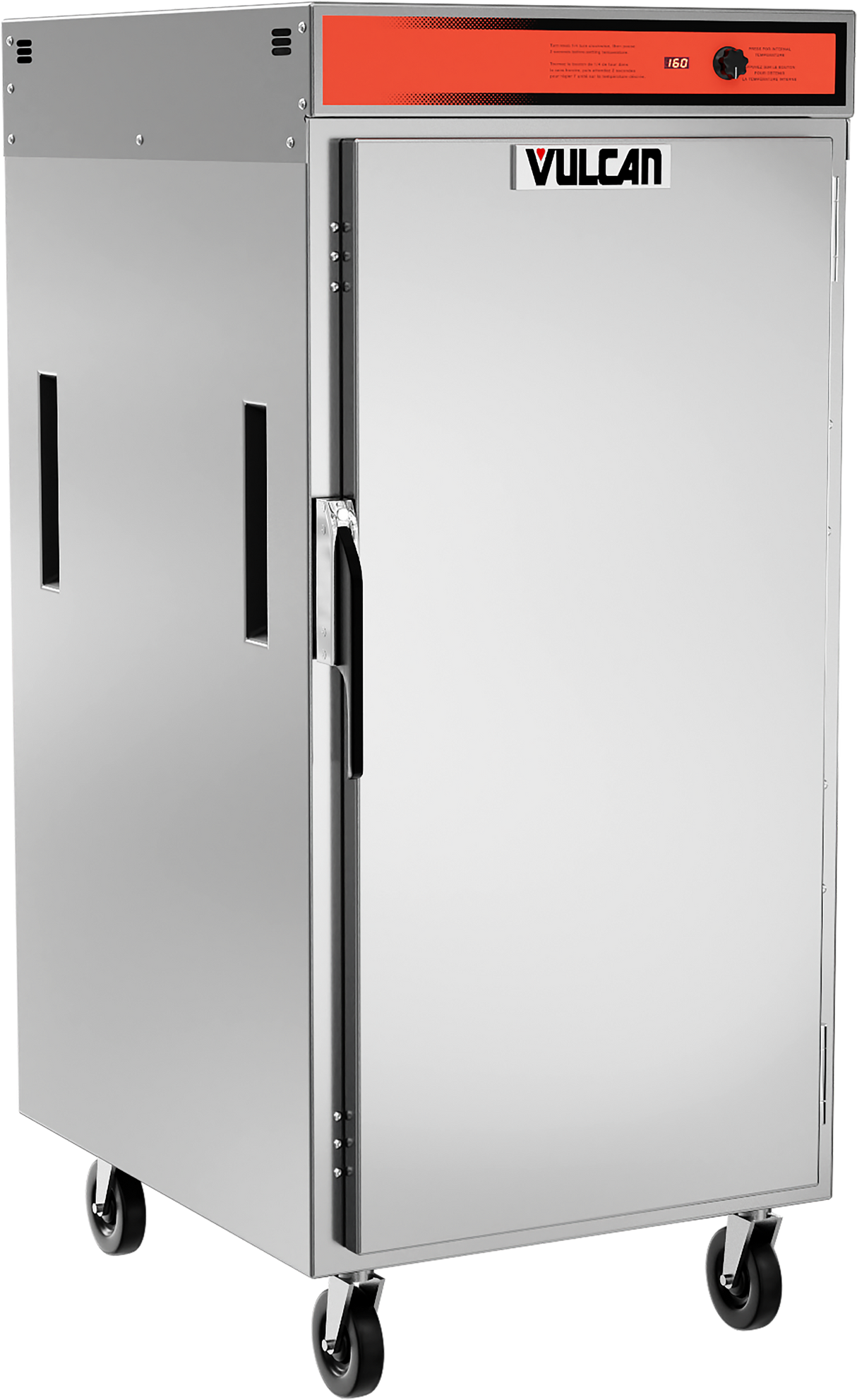 A stainless steel mobile pass-thru cabinet on four wheels, featuring a single front door with a black handle, red control panel at the top labeled “Vulcan,” universal tray slides, and ventilation slots on the side.