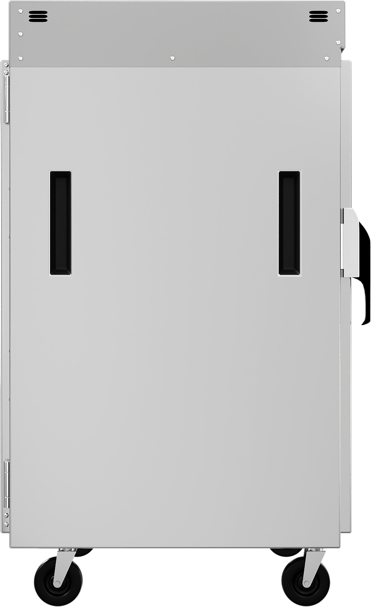 A large, silver mobile pass-thru cabinet on four black caster wheels. The cabinet features two black rectangular handles on its front and a side handle. Top corners have ventilation holes, and its closed side panel faces forward.
