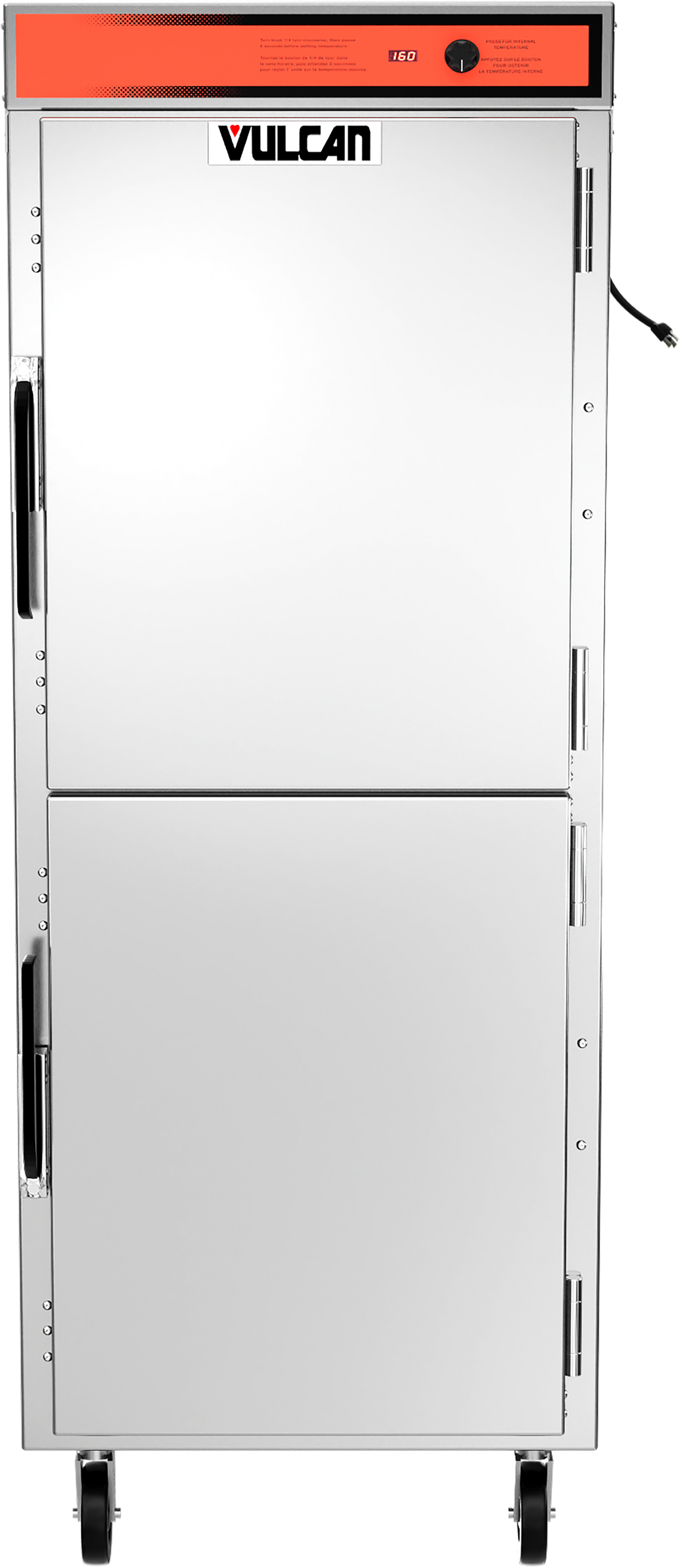 A large, stainless steel pass-thru mobile cabinet with double doors, universal tray slides, three black handles, caster wheels, a power cord, and an orange control panel at the top displaying the Vulcan brand name.