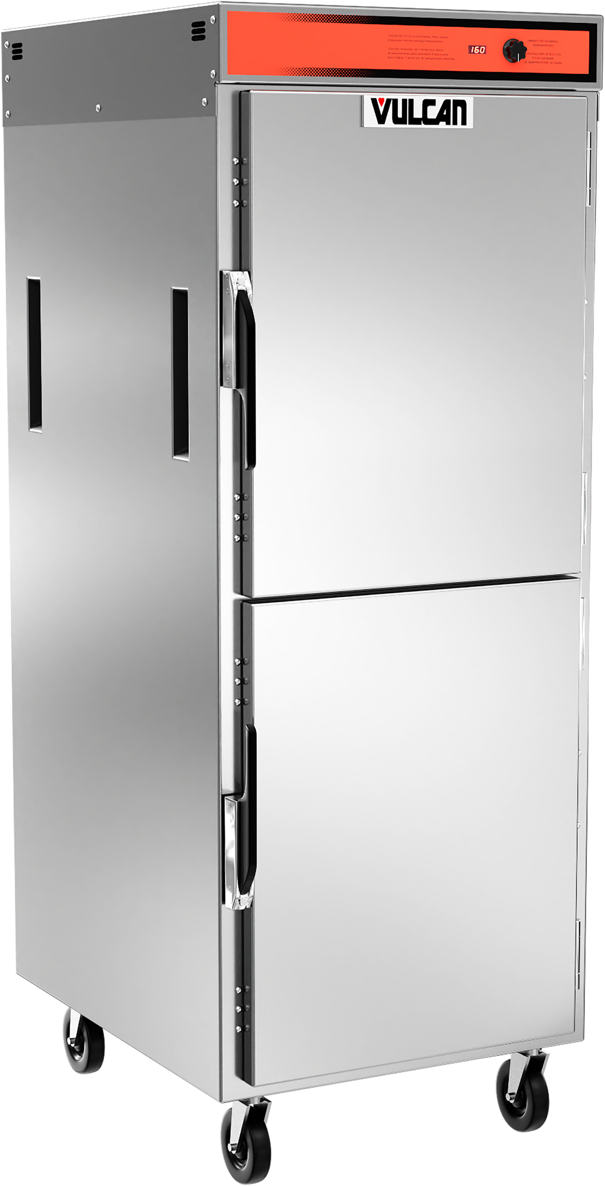 A commercial stainless steel Vulcan pass-thru mobile cabinet features two vertically stacked doors, universal tray slides, black side handles, and a red control panel on top. Four black caster wheels provide mobility. The Vulcan logo appears on the upper door.