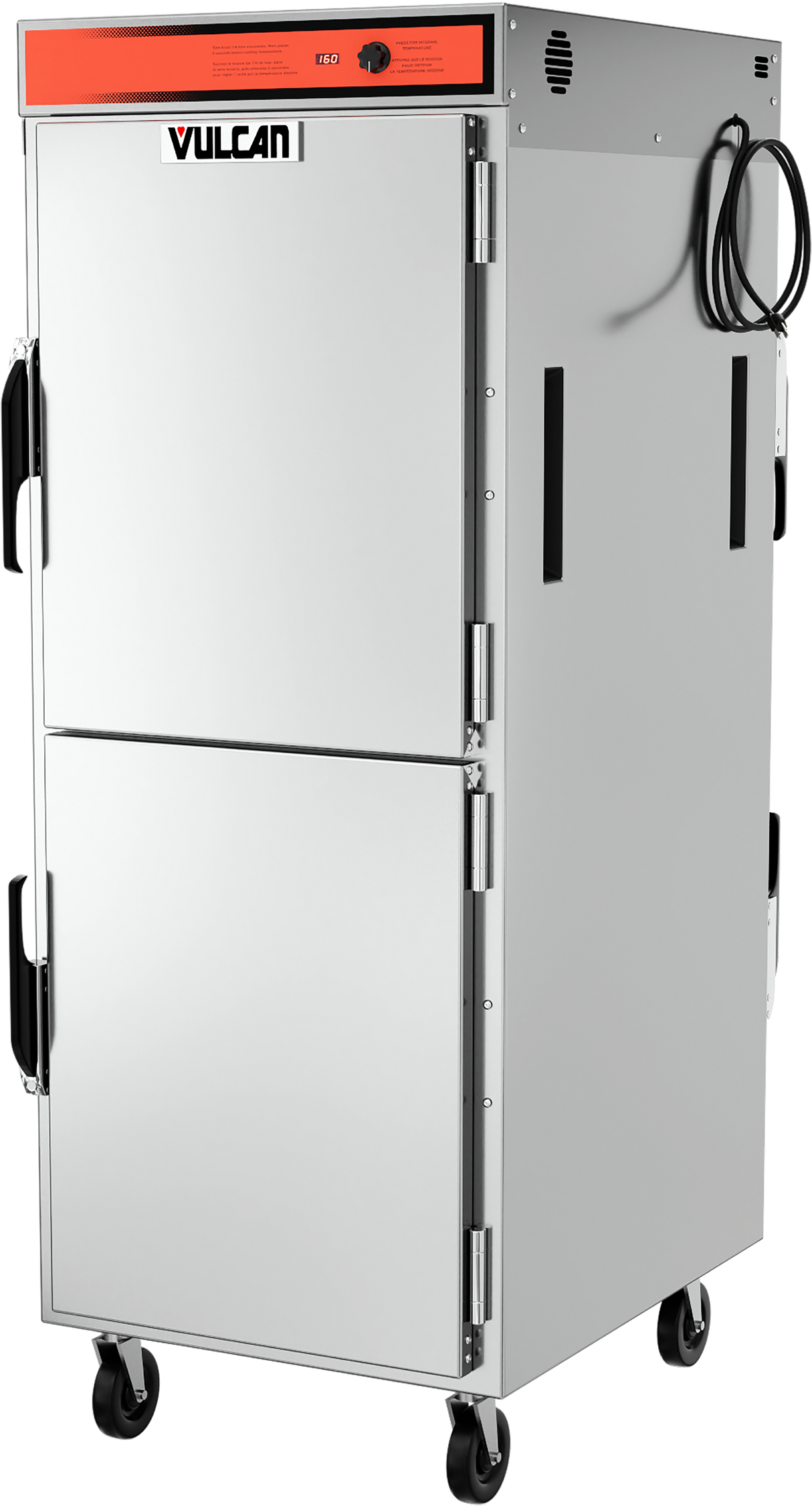 A large, stainless steel holding transport cabinet on four wheels features two vertical doors with black handles, a red “Vulcan” control panel at the top, vents, universal tray slides inside, and an electrical cord hanging on the right side.