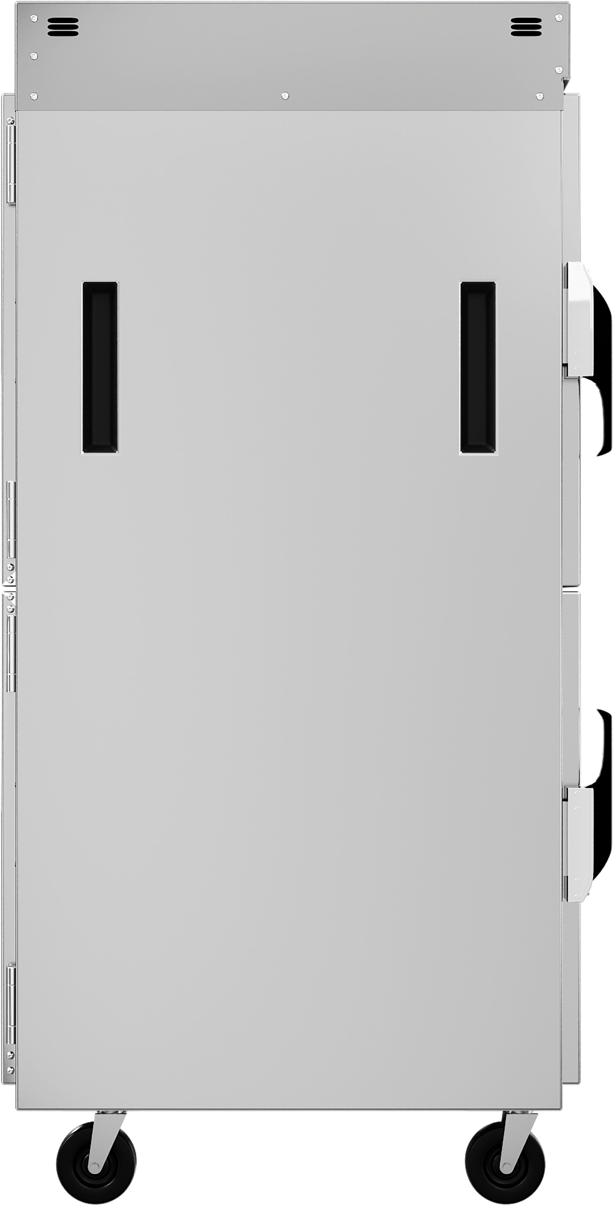 A tall, stainless steel holding transport cabinet with a solid door, two black rectangular handles, and four caster wheels for mobility. The cabinet features vent slots at the top, sturdy side handles, and universal tray slides inside for versatile storage.