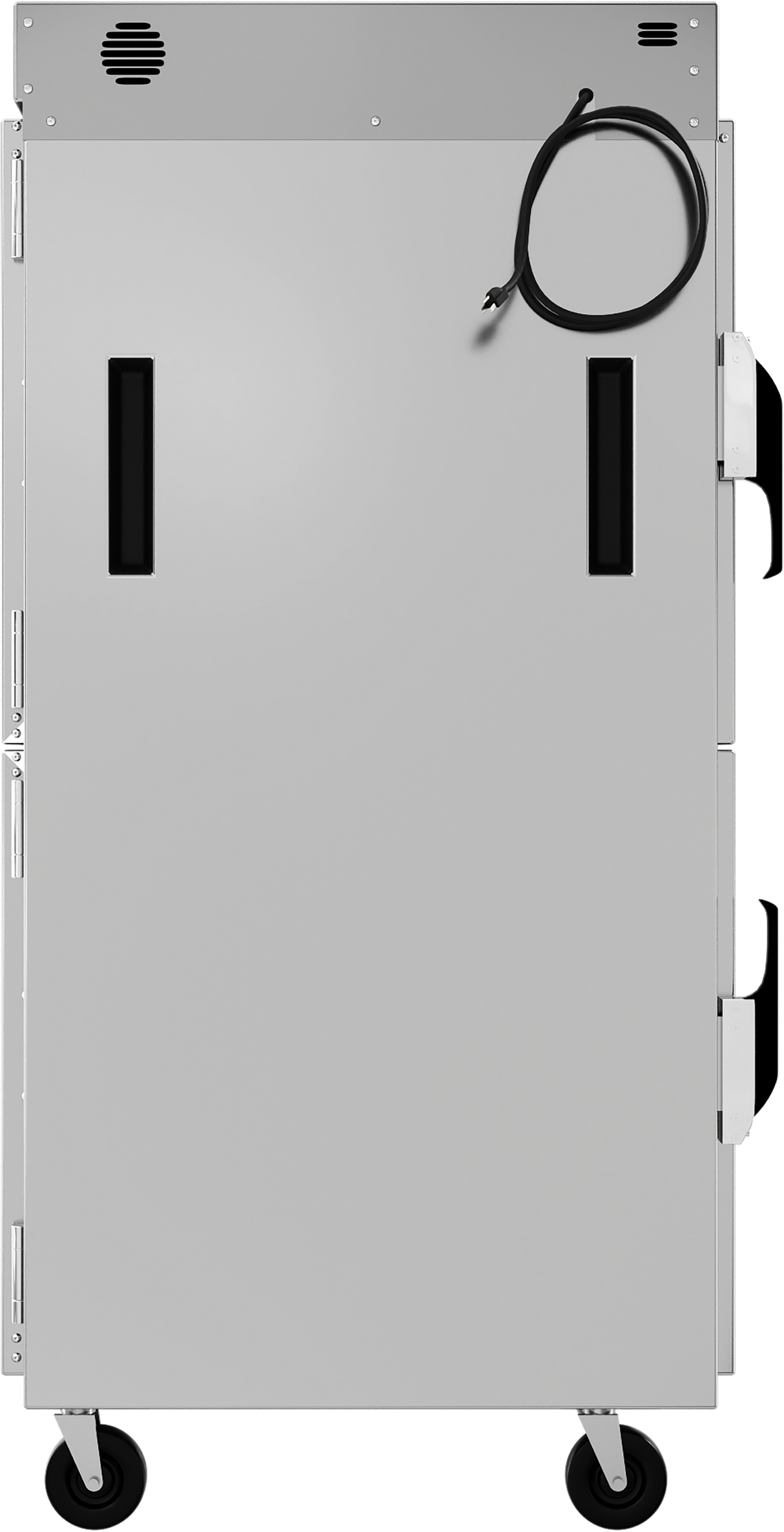 A large, gray, rectangular holding transport cabinet on four black wheels. It features two vertical black handles, a coiled black power cord on the upper right, ventilation slots on the upper left, and side latches and hinges along the left edge.