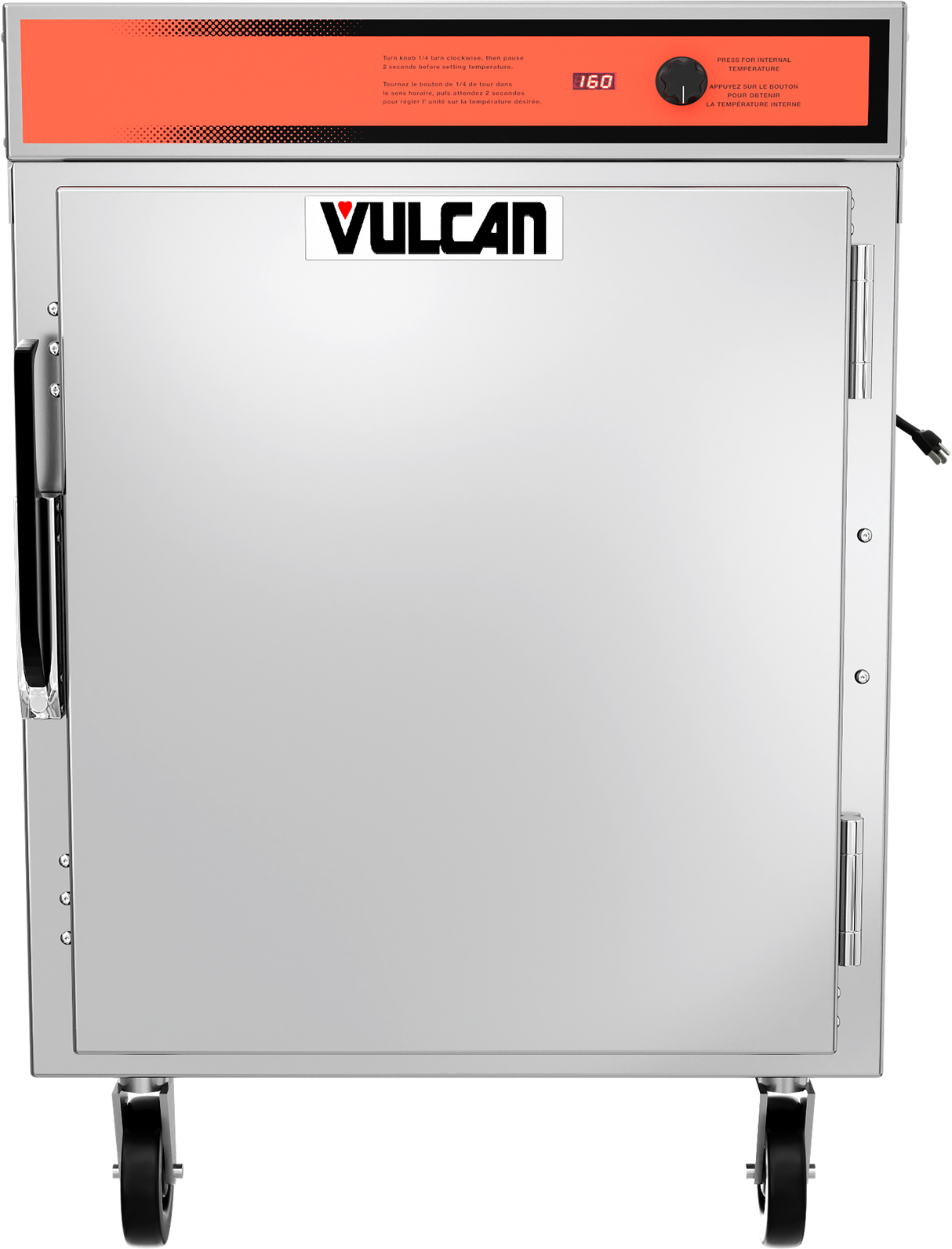 A commercial stainless steel pass-thru mobile cabinet on wheels. It features a black handle on the left, a red control panel with a dial and vents at the top, and "VULCAN" in large letters on the center of the doors.