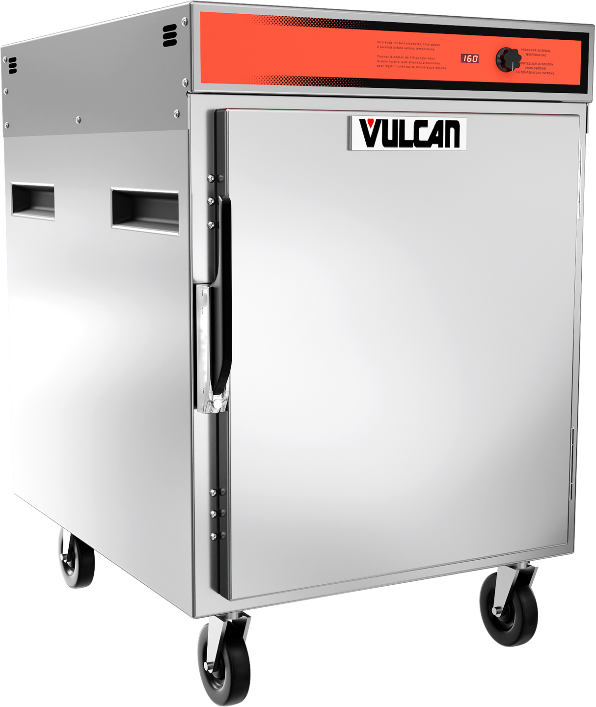 A commercial stainless steel food warmer with a single front door, black handle, orange control panel, temperature dial, vent slots on the sides, Vulcan logo on the door, and four caster wheels for mobility—perfect as a holding transport cabinet.