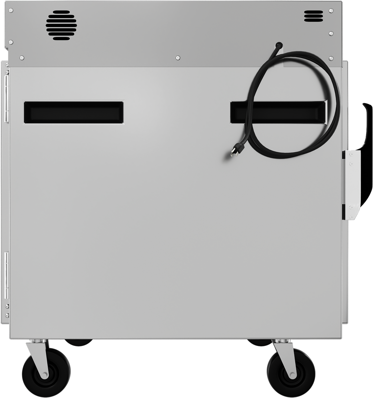 A gray pass-thru mobile cabinet with four black wheels and a side handle. The upper section has vent slots and a coiled black power cord. Two rectangular openings are on the side, giving this industrial holding transport cabinet a smooth, functional look.