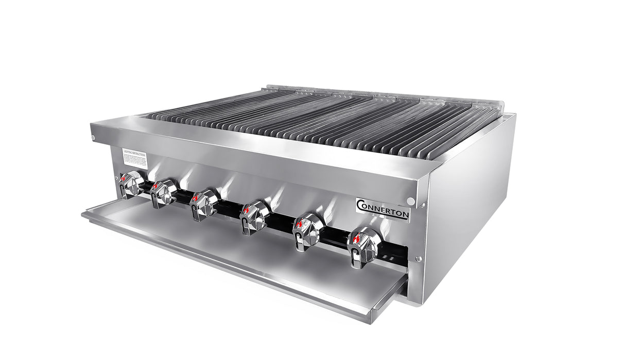 A stainless steel 36 inch countertop gas charbroiler with five black control knobs, cast iron radiants, wide parallel grates, a pull-out drip tray, and the CONNERTON brand name on the front panel. The background is plain white.