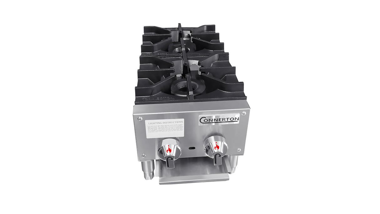 A commercial countertop gas stove hotplate with 2 burners features black cast iron grates, metal control knobs, and a stainless steel Connerton front panel. The image is shot from above and in front against a white background.