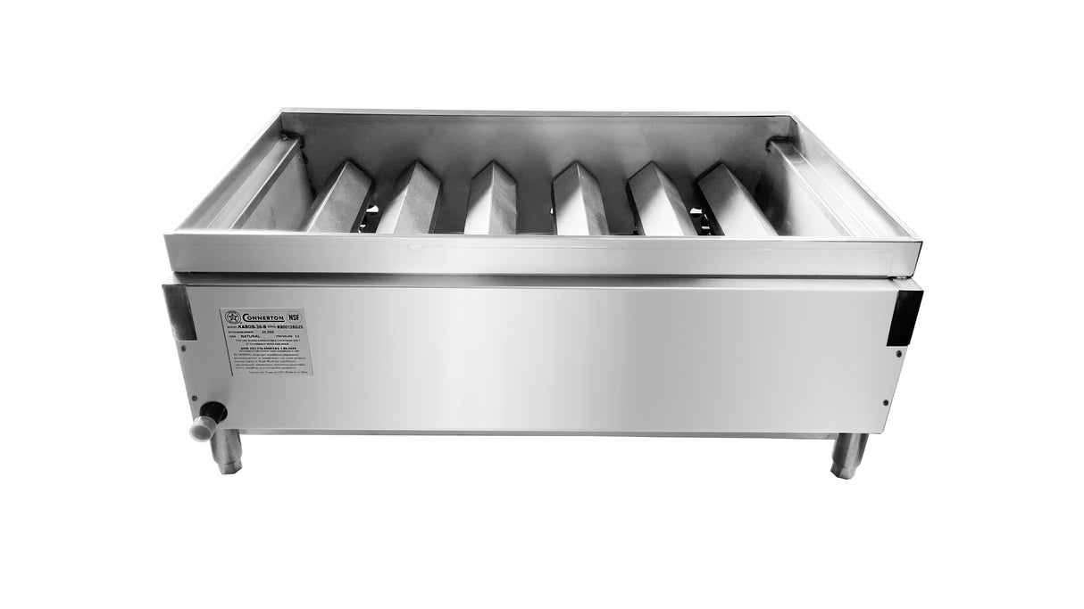 A stainless steel kabob broiler with angled grates and a control knob on the lower left stands on short legs against a white background. The clean, industrial design and powerful gas burners make it ideal for professional cooking.