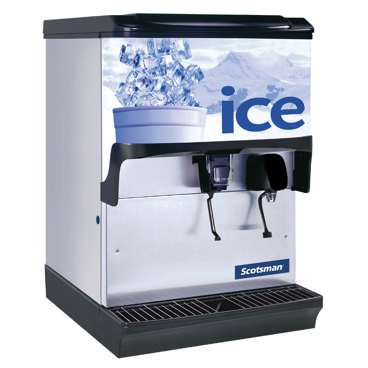 A commercial Scotsman ice dispenser with a silver body and black base, this counter model features a 150 lb storage capacity. The front displays a graphic of a cup filled with ice over a snowy mountain background and bold blue "ice" lettering.