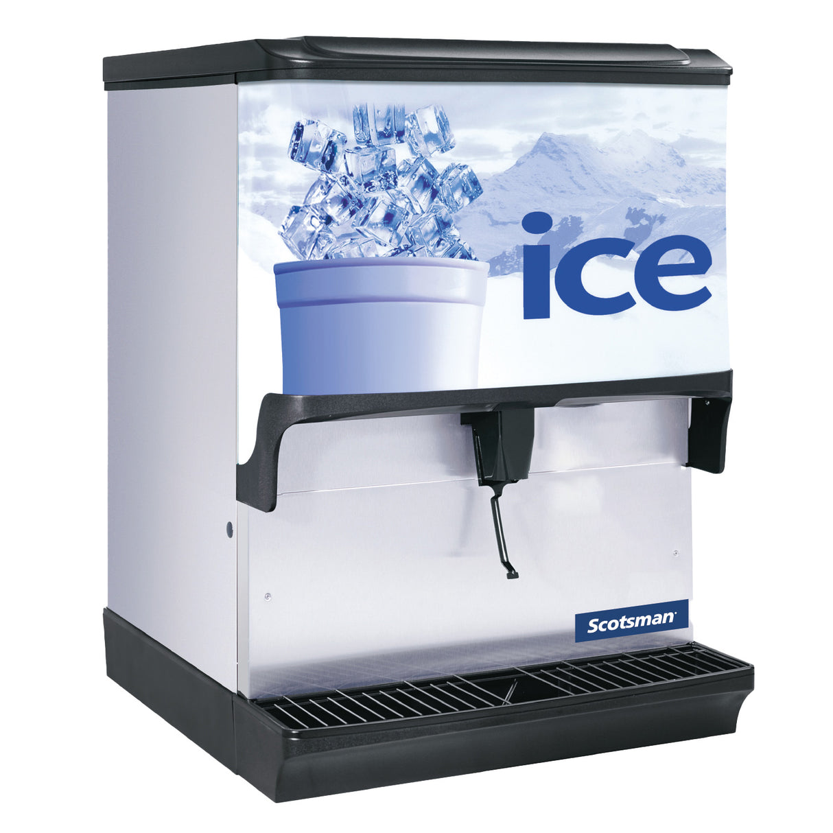 A commercial Scotsman ice dispenser with a stainless steel body, 250 lb storage capacity, an image of a cup filled with ice cubes, "ICE" in blue letters, and a dispensing lever beneath. The Scotsman brand is displayed at the bottom right.