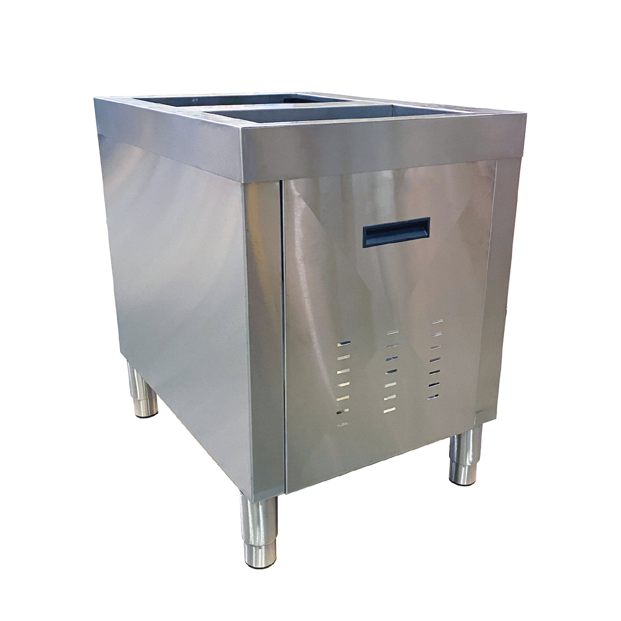 A stainless steel Scotsman machine stand for commercial kitchens, featuring four sturdy legs, a rectangular open top, and a front panel with ventilation slots and a recessed handle. Its modern, industrial design complements the IOD150 ice dispenser.