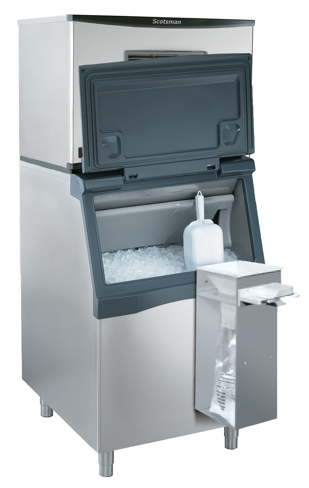 A commercial Scotsman ice machine with a stainless steel body features two compartments: the top is closed, and the lower ice bin is open, filled with ice. A white scoop rests inside, and an ice bagger dispenser is attached to the front right side.