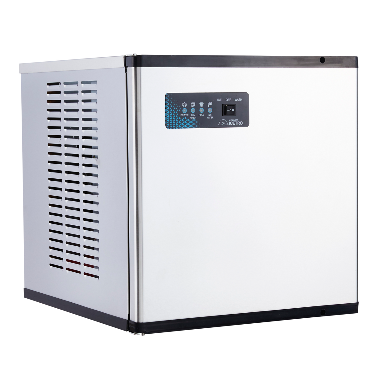 A compact, box-shaped Maestro Modular Ice Maker with a white body, black trim, and a digital control panel on the front. The side has ventilation slots. This cube-style ice maker from Icetro America is set against a plain, light gray background.