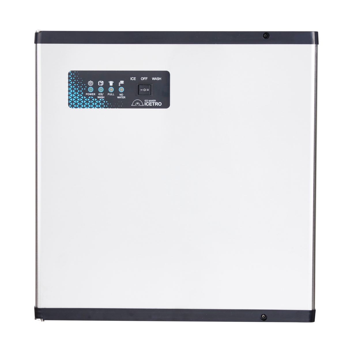 A rectangular white wall-mounted inverter with a black border and a black control panel at the top left. Reminiscent of the sleek design found in commercial ice machines like the Maestro Modular Ice Maker. The background is plain white.