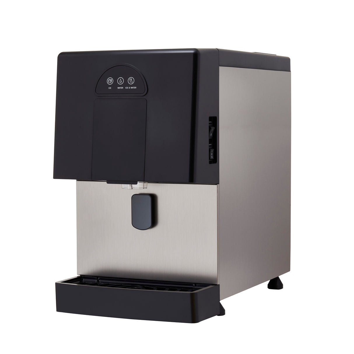 A modern countertop ice & water dispenser with a stainless steel body and black top. It features a front tap, a drip tray at the bottom, and touch control buttons on the upper front panel. The background is plain white.