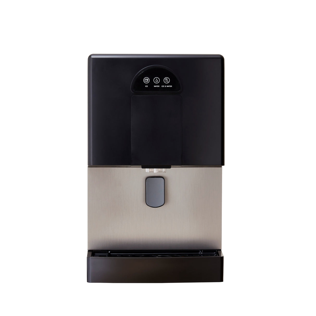 A modern silver and black ice and water dispenser features a touch control panel, a spout for dispensing water, and a drip tray below, set against a white background.