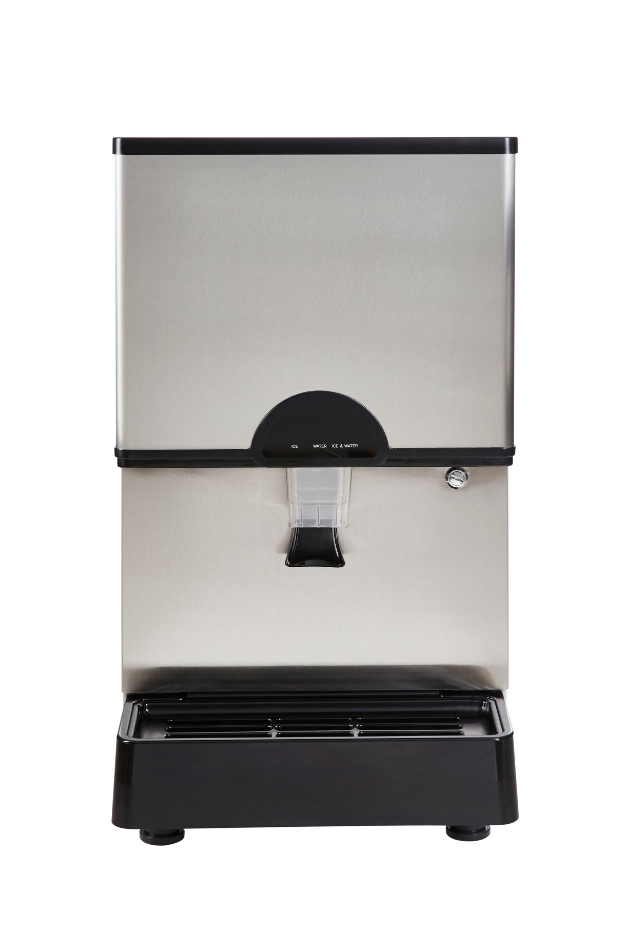 A modern, functional countertop Ice & Water Dispenser in stainless steel and black features a clear chute, drip tray, and control buttons above. Its nugget-style design stands out against a plain white background.