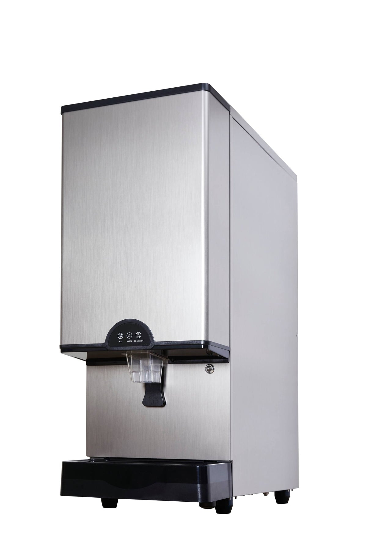 A modern, stainless steel ice and water dispenser with a clear plastic spout and a small control panel. The dispenser stands on a black base, featuring a sleek rectangular design, ideal as a countertop ice dispenser against a white background.