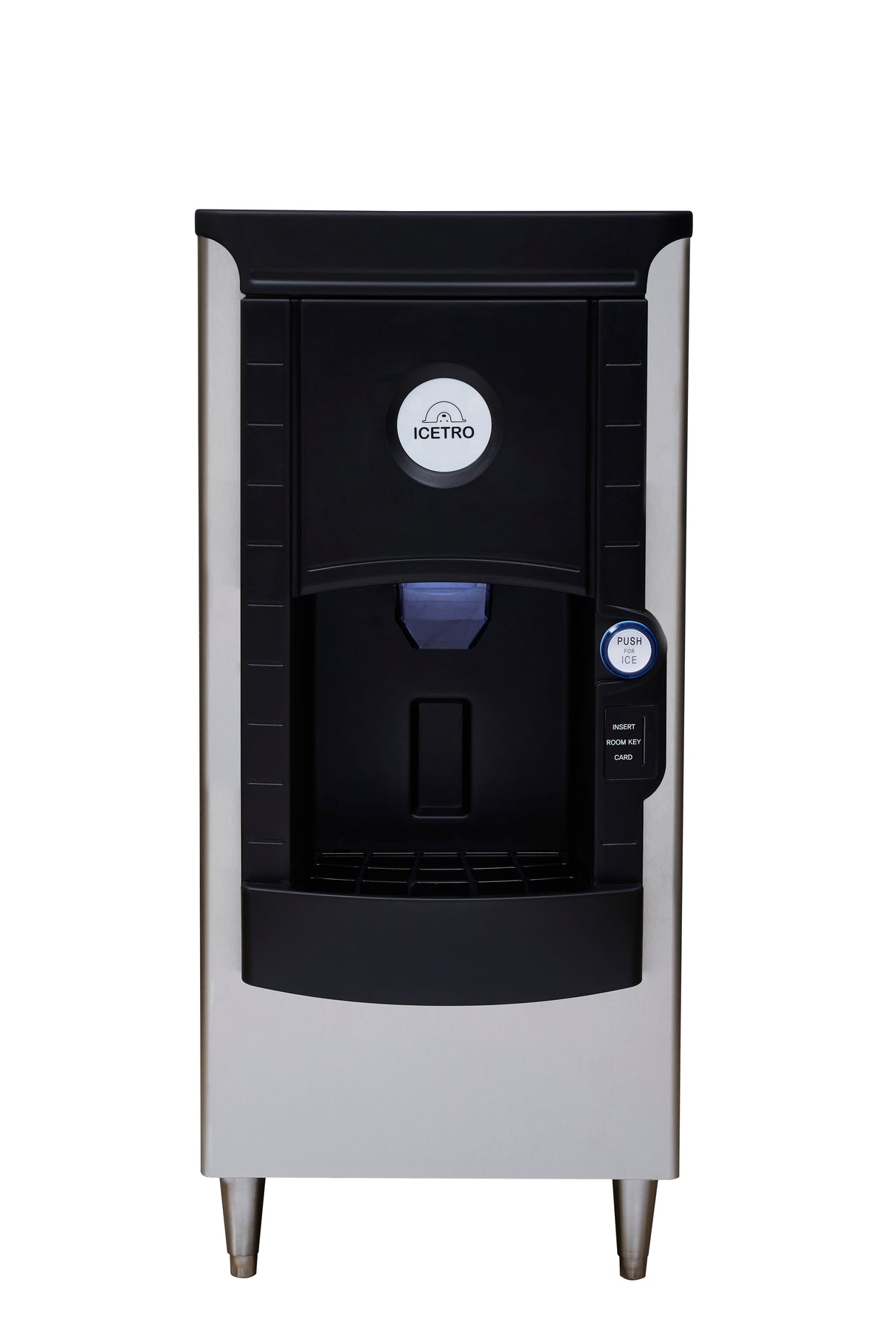 A silver and black floor model ice dispenser machine with the brand name ICETRO on the front, a PUSH button, an ice chute, drip tray, and four short metal legs. Ideal as a hotel ice dispenser, it features spacious 141 lb ice storage.