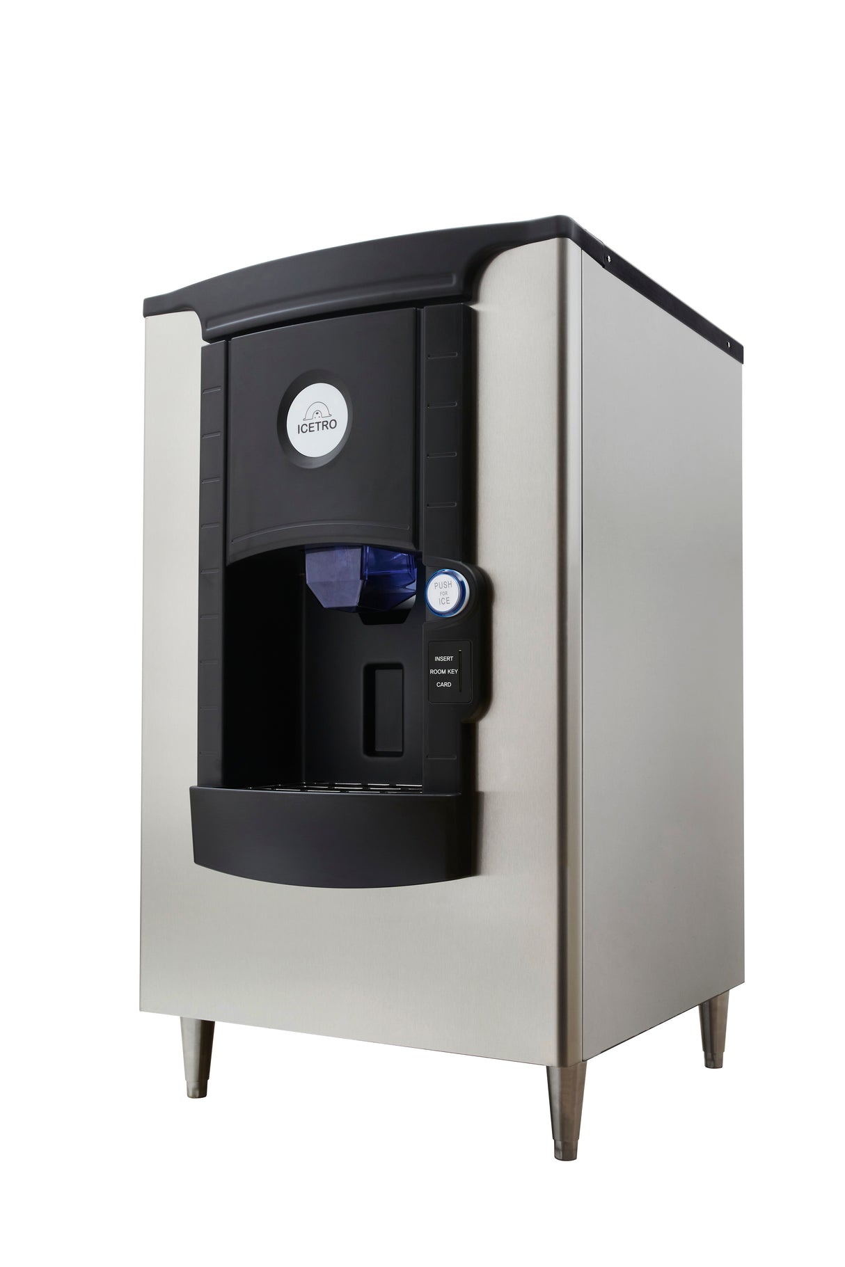A stainless steel Icetro America ice dispenser stands on four legs. The machine has a curved black front panel with a round ICETRO logo, a large dispensing area, and a blue push-button for ice release on the right side—perfect for hotel use.
