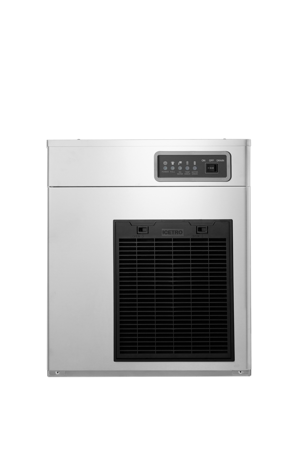 A stainless steel, high capacity ice maker with a digital control panel on top and a large black vented section below. “ICETRO” appears above the vent. This air-cooled ice machine is set against a plain white background.