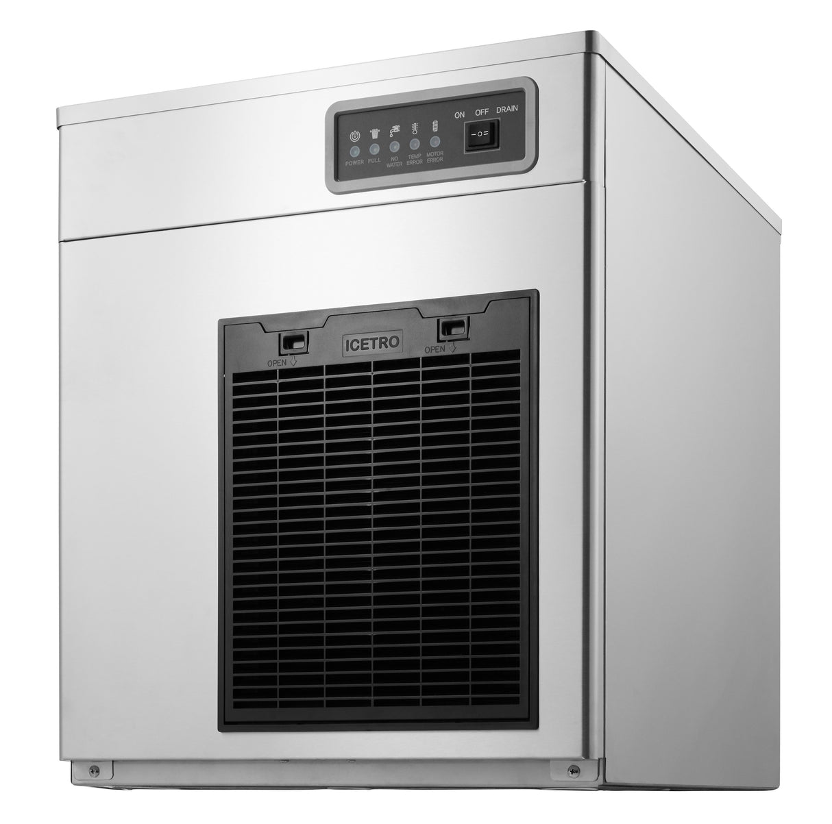 A commercial stainless steel, high capacity ice maker with a black front vent and control panel on top featuring indicator lights and buttons. The brand name “ICETRO” appears above the vent. The air-cooled unit has a modern, rectangular design.