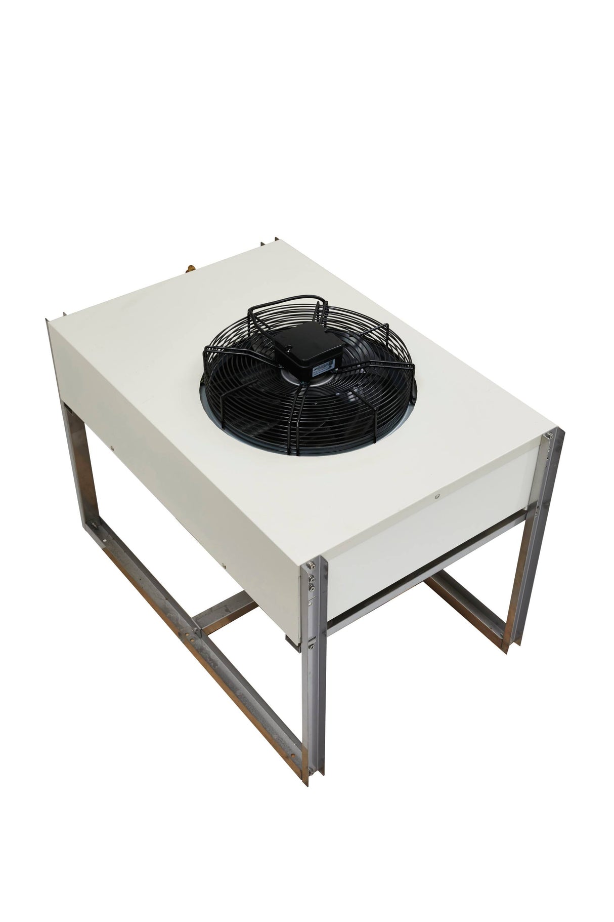 A rectangular industrial Remote Condenser by Icetro America features a white metal body on a sturdy frame. A large black circular fan with a protective grill is centered on top. The unit stands against a plain white background.
