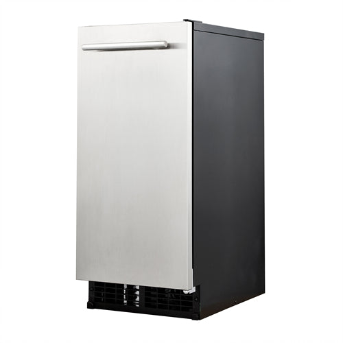 A sleek, modern undercounter ice machine with a stainless steel front, black sides, vented grill at the bottom, and a horizontal handle on the upper door. Perfect for producing bell shaped ice, it stands alone at a slight angle against a white background.