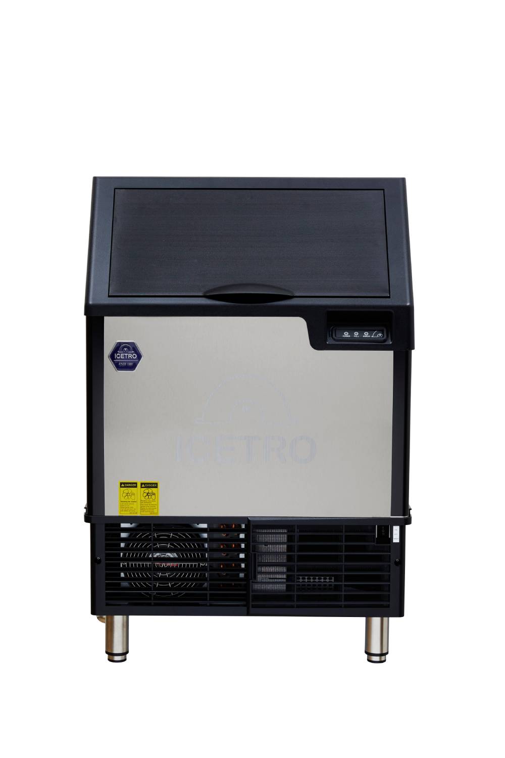 A cube-style ice maker featuring a stainless steel exterior, black top and sides, control buttons on the upper right, ventilation grill and labels at the bottom, four metal legs, and a faint brand logo on the closed door.