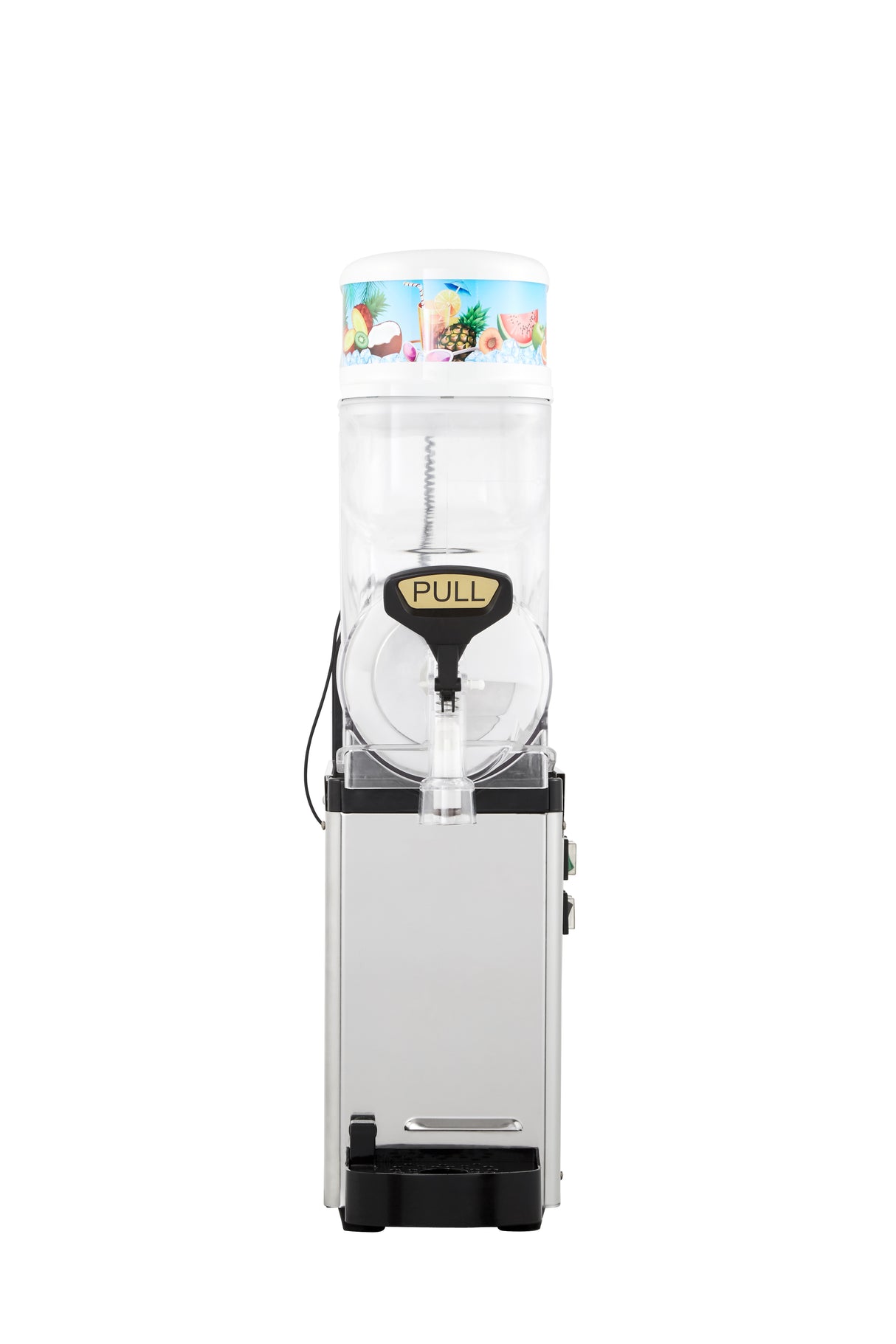 A stainless steel and plastic Icetro America frozen beverage dispenser with a clear cylindrical tank, a large "PULL" lever, and fruit images on top. This slush machine stands on a black base against a white background.