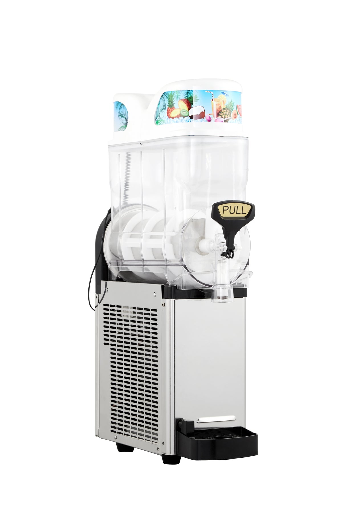 A commercial Icetro America slush machine with a transparent container, white base, black and silver body, and a “PULL” lever. The top displays a colorful fruit graphic. This frozen beverage dispenser sits on a plain white background.