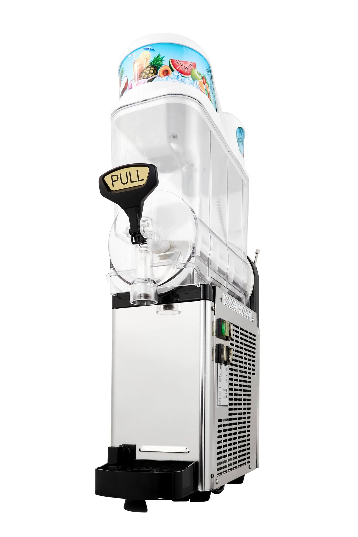 A commercial frozen beverage dispenser by Icetro America featuring a clear container, black PULL spout, and fruit image on top. The silver and black vented base makes this slush machine perfect for serving cold drinks like smoothies and slushies.