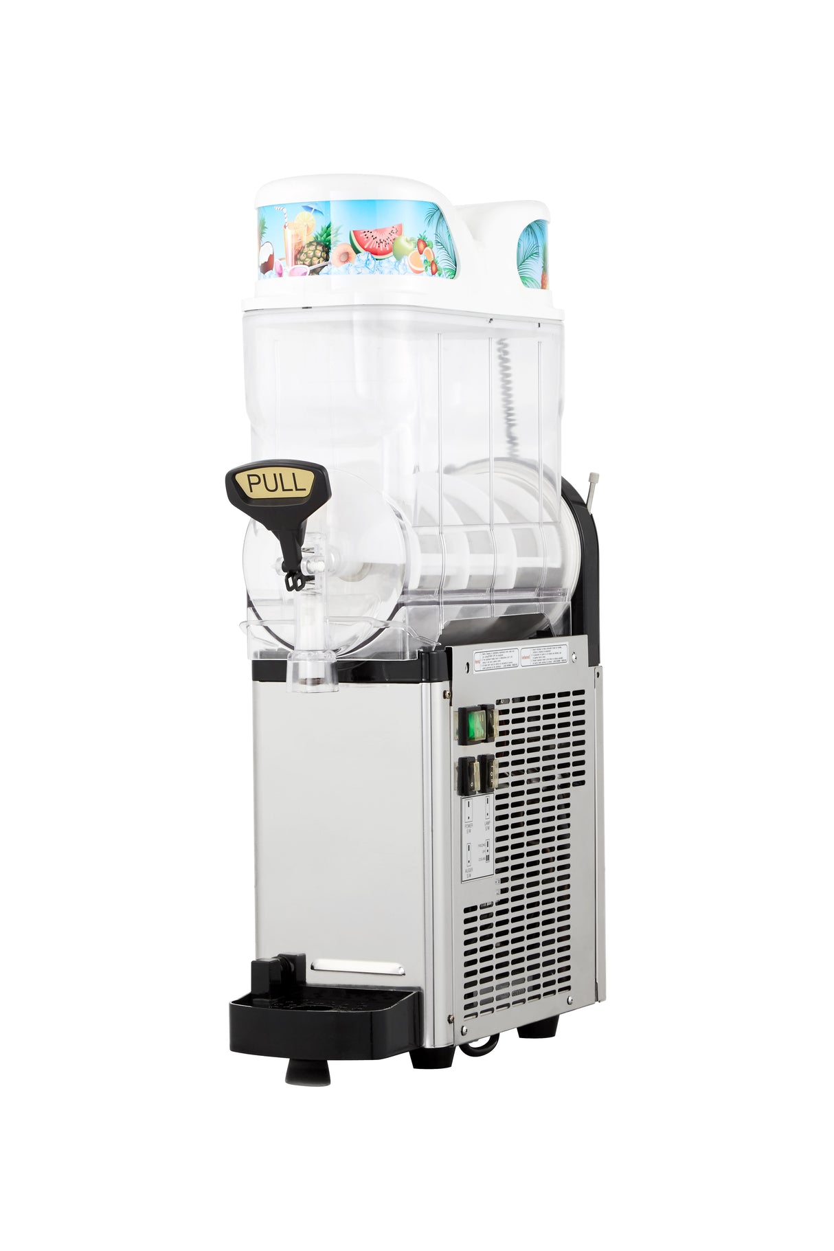 A commercial Icetro America frozen beverage dispenser with a clear cylindrical tank and "PULL" handle. The silver base features vents and a drip tray, while the top showcases colorful fruit images. Set against a completely white background.
