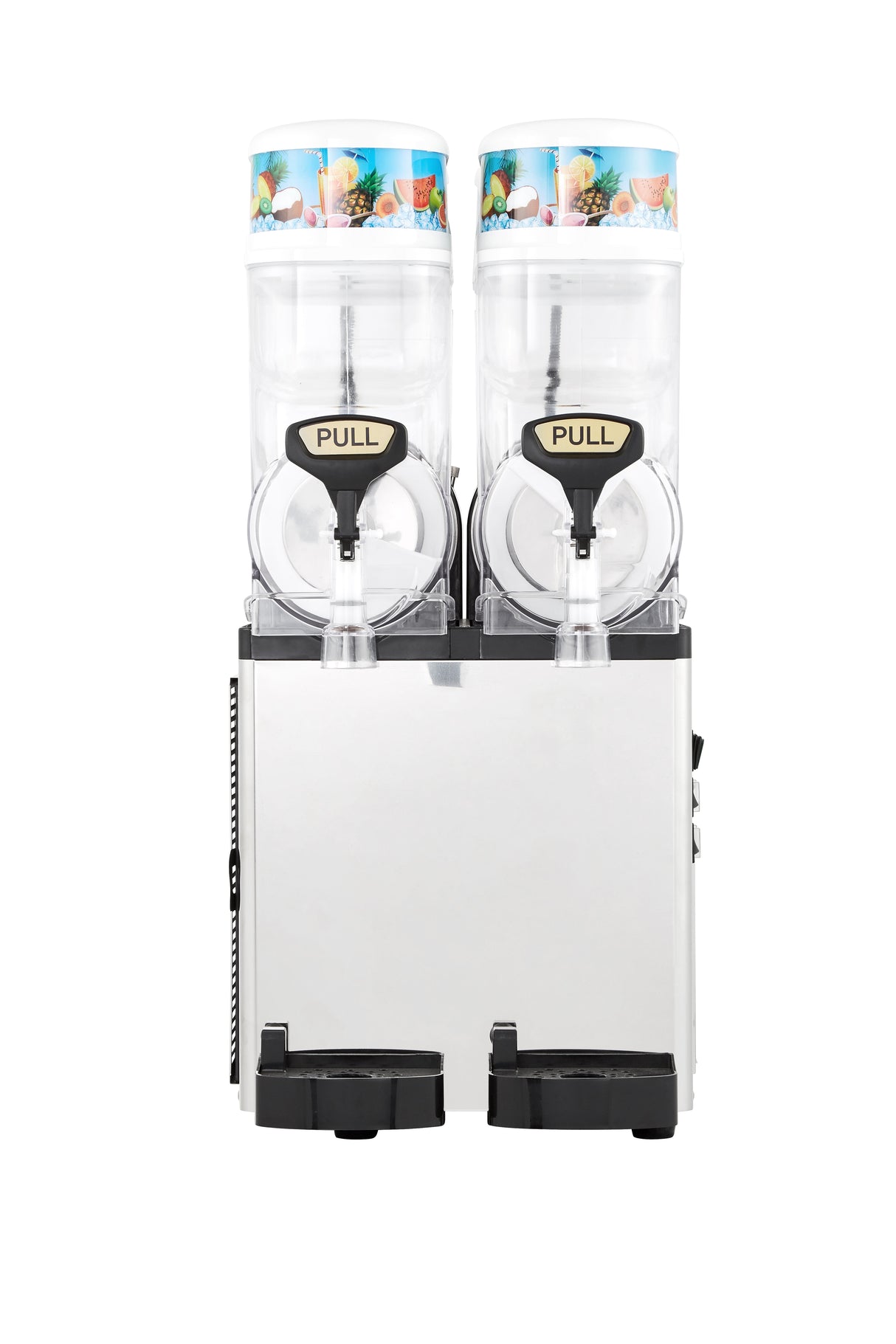 A dual slush machine with two clear containers, each featuring a black spout labeled PULL. This Icetro America frozen beverage dispenser is silver and black, adorned with colorful fruit images on the lids. Both drip trays are visible at the bottom.