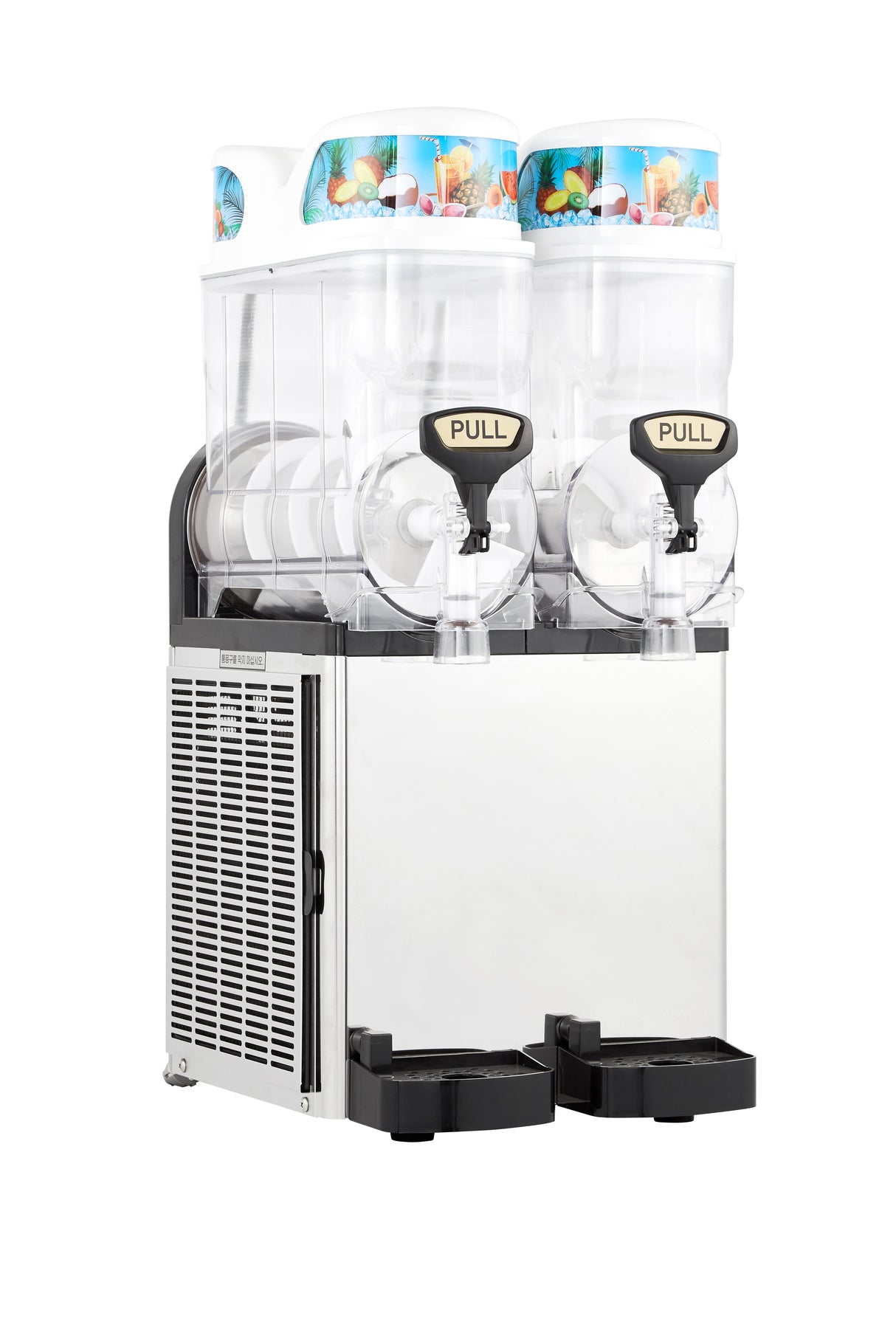 A commercial Icetro America frozen beverage dispenser featuring two transparent tanks with pull levers for easy slush machine operation. The silver unit has black accents, colorful fruit images on top, and ventilation on the left side.