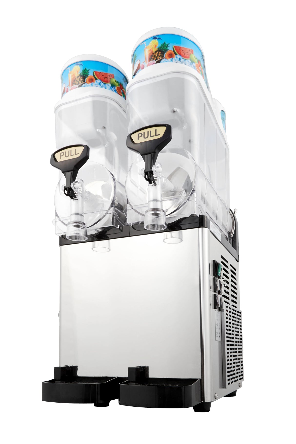 A dual-chamber Icetro America slush machine with a stainless steel base and two large clear containers, each with a pull handle for dispensing. The fruit-themed graphics make this frozen beverage dispenser perfect for serving icy drinks.