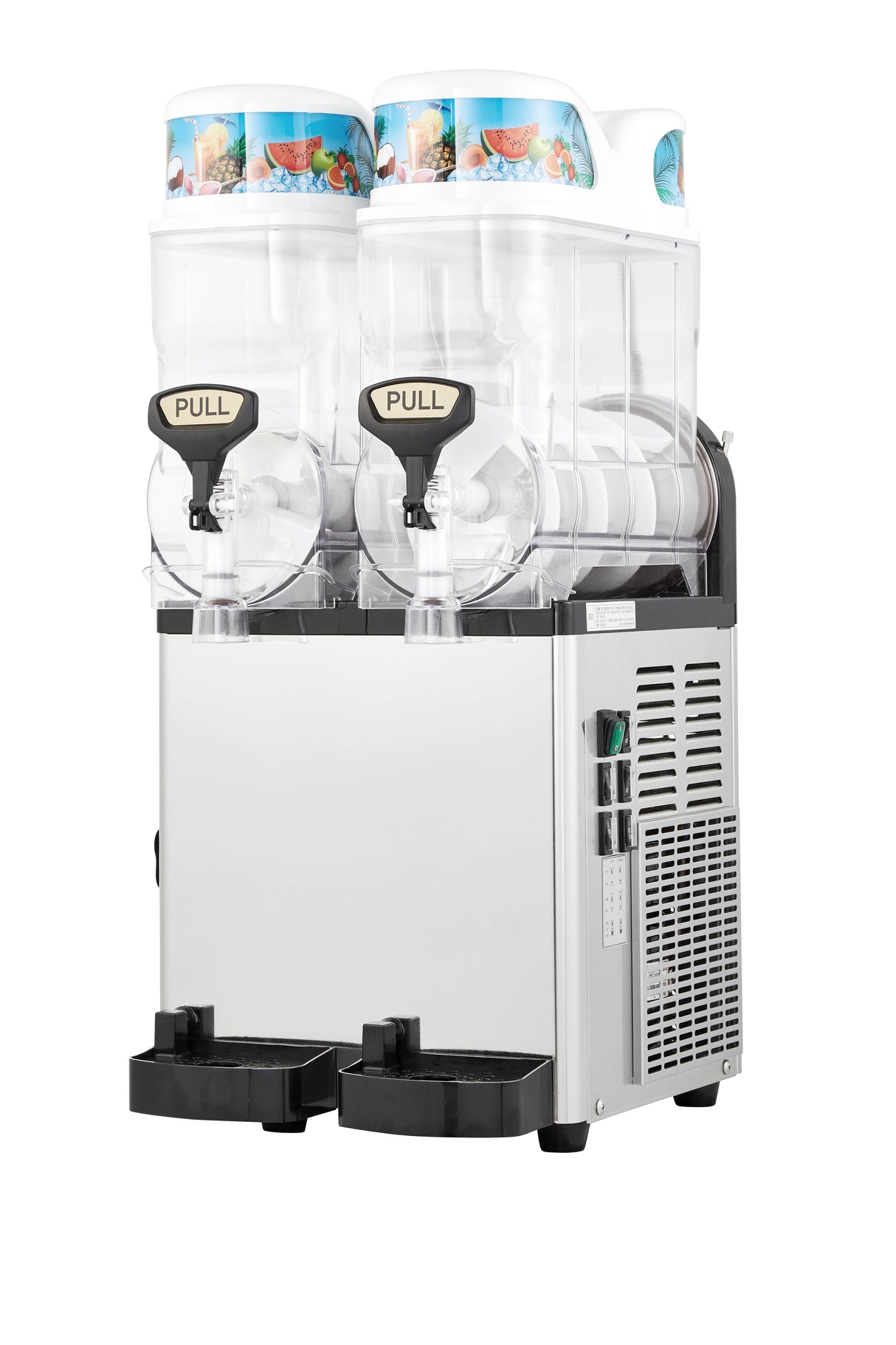 A stainless steel and plastic dual-tank frozen beverage dispenser from Icetro America, featuring two clear containers with PULL-labeled taps. Colorful slush drink images adorn the lids, while vents, a control panel, and drip trays complete the slush machine.