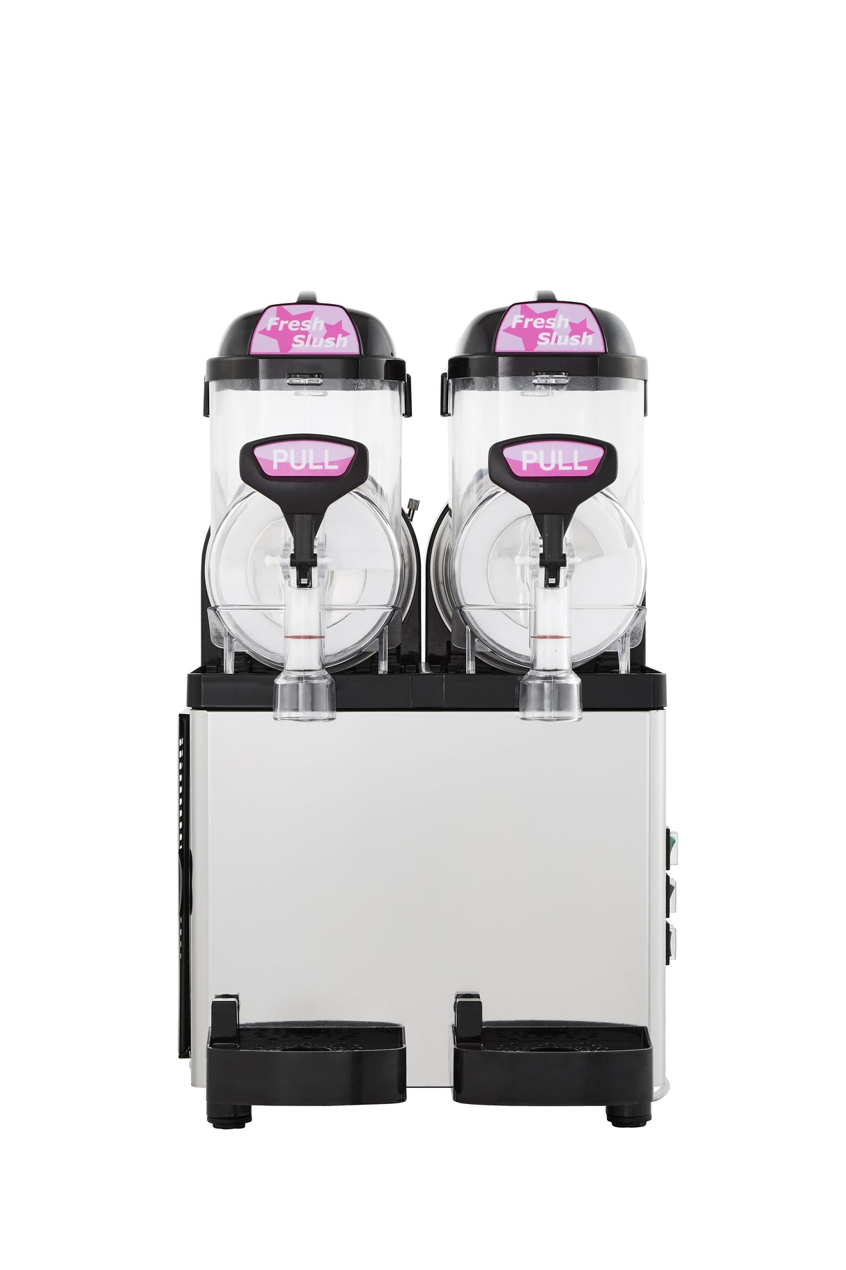 A dual-chamber Icetro America slush machine features two clear containers labeled “Fresh Slush,” each with a black and pink “PULL” lever. The sleek frozen beverage dispenser has a silver base and two black drip trays below spotless, empty nozzles.