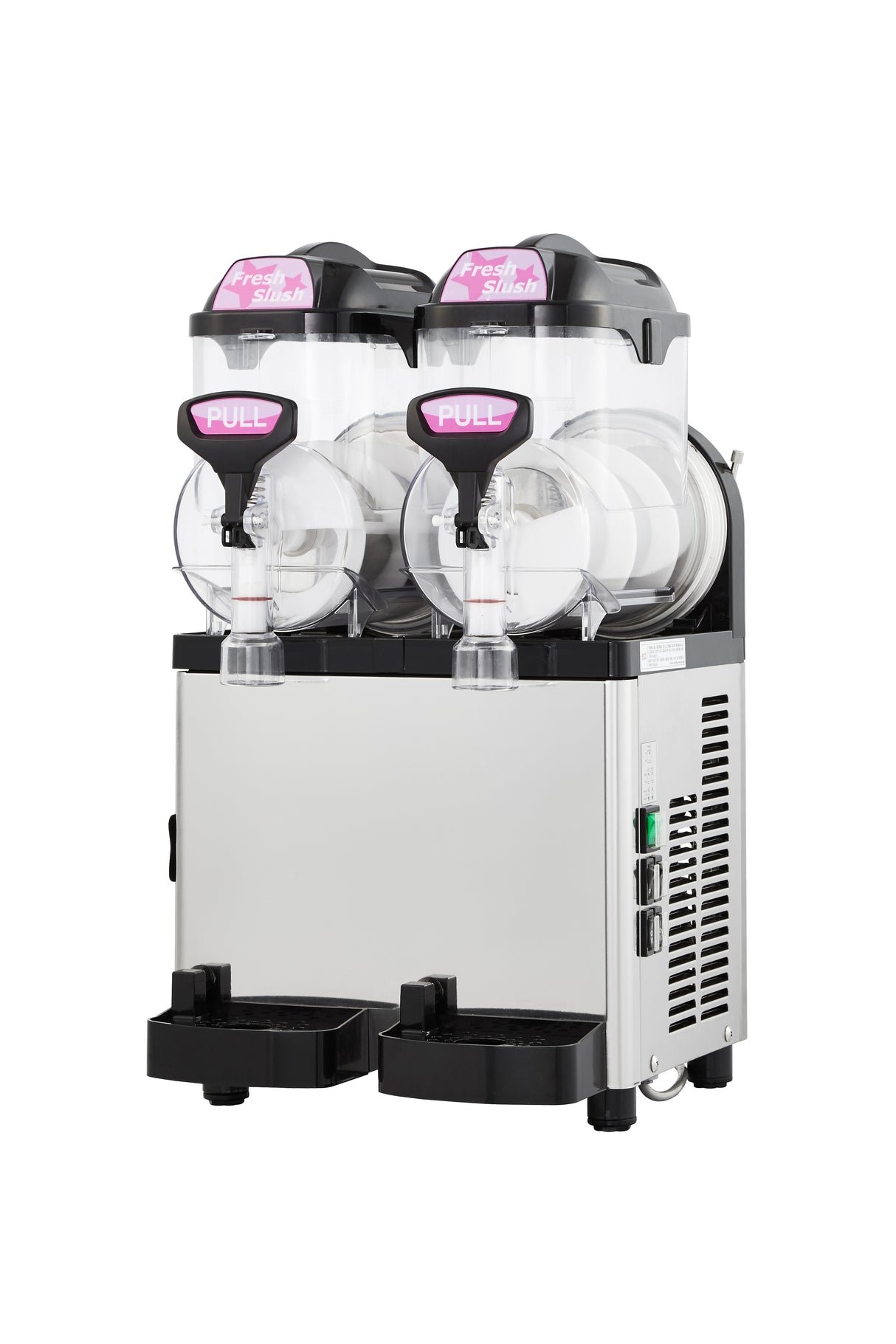 A commercial Icetro America slush machine with two transparent mixing tanks, each with a spigot labeled PULL. The silver lower section features black drip trays and ventilation panels, perfect for serving frozen beverages.