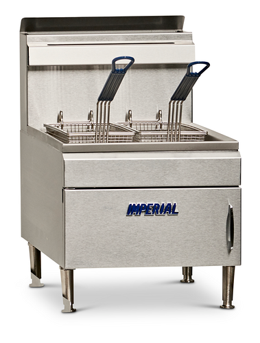 A stainless steel commercial deep fryer with a 25 lb. capacity and two metal baskets featuring black handles, standing on four legs. The front door has IMPERIAL in blue letters. Designed for restaurant or kitchen use, it includes a backsplash for convenience.