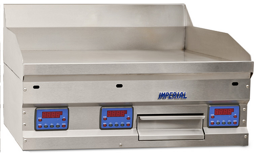 A stainless steel 36" High Efficiency Griddle with three blue and red digital control panels, a flat cooking surface, backsplash, and Imperial branding on the front. The countertop gas griddle is clean and appears unused.