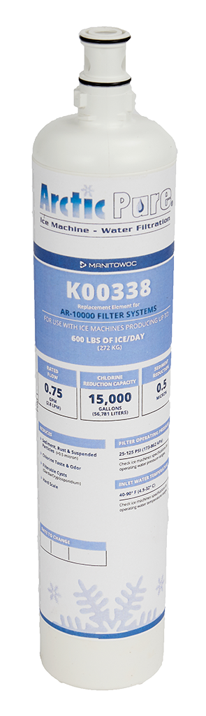 A tall, cylindrical Manitowoc Replacement Water Filter Cartridge for ice machine filtration, with white and blue labeling displaying specifications, including AR-10000 filter compatibility, capacity, flow rate, and snowflake graphics at the bottom.